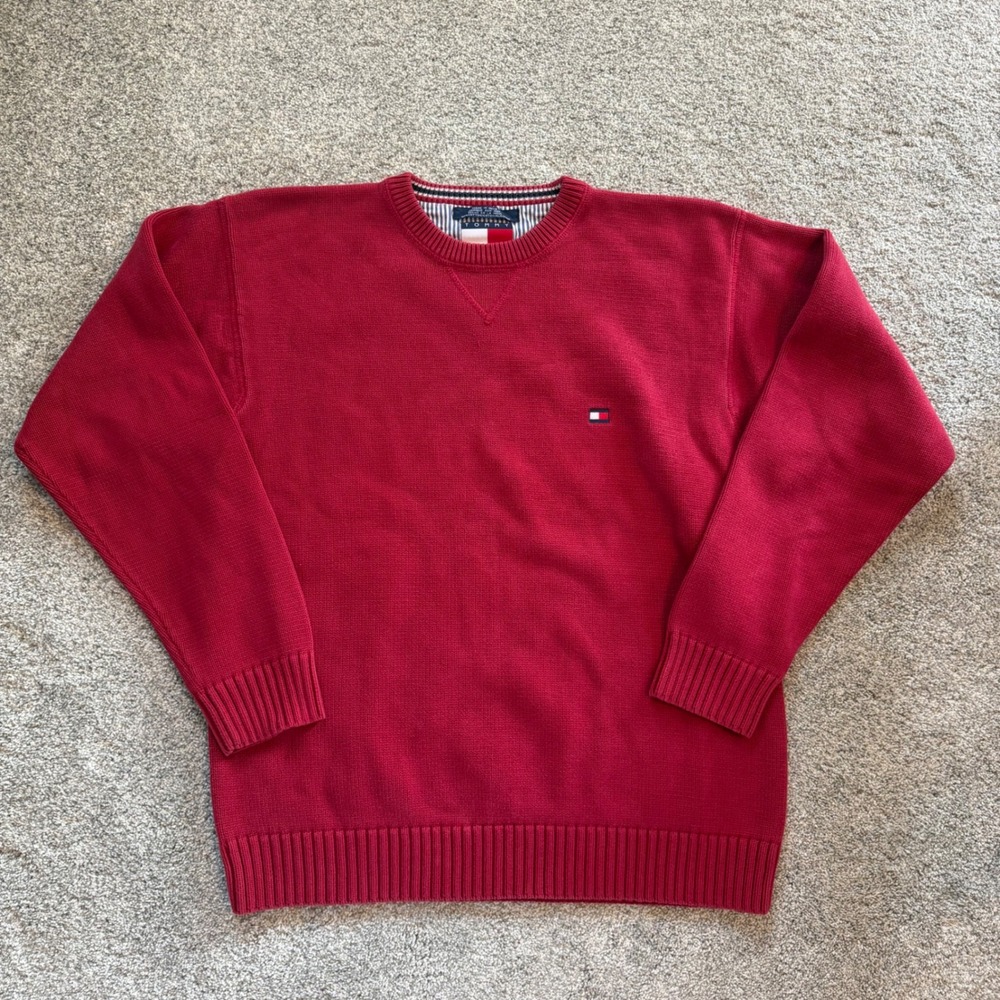 Tommy Hilfiger Vintage Red Crewneck Cotton Knit Sweater Mens Large Flag Logo